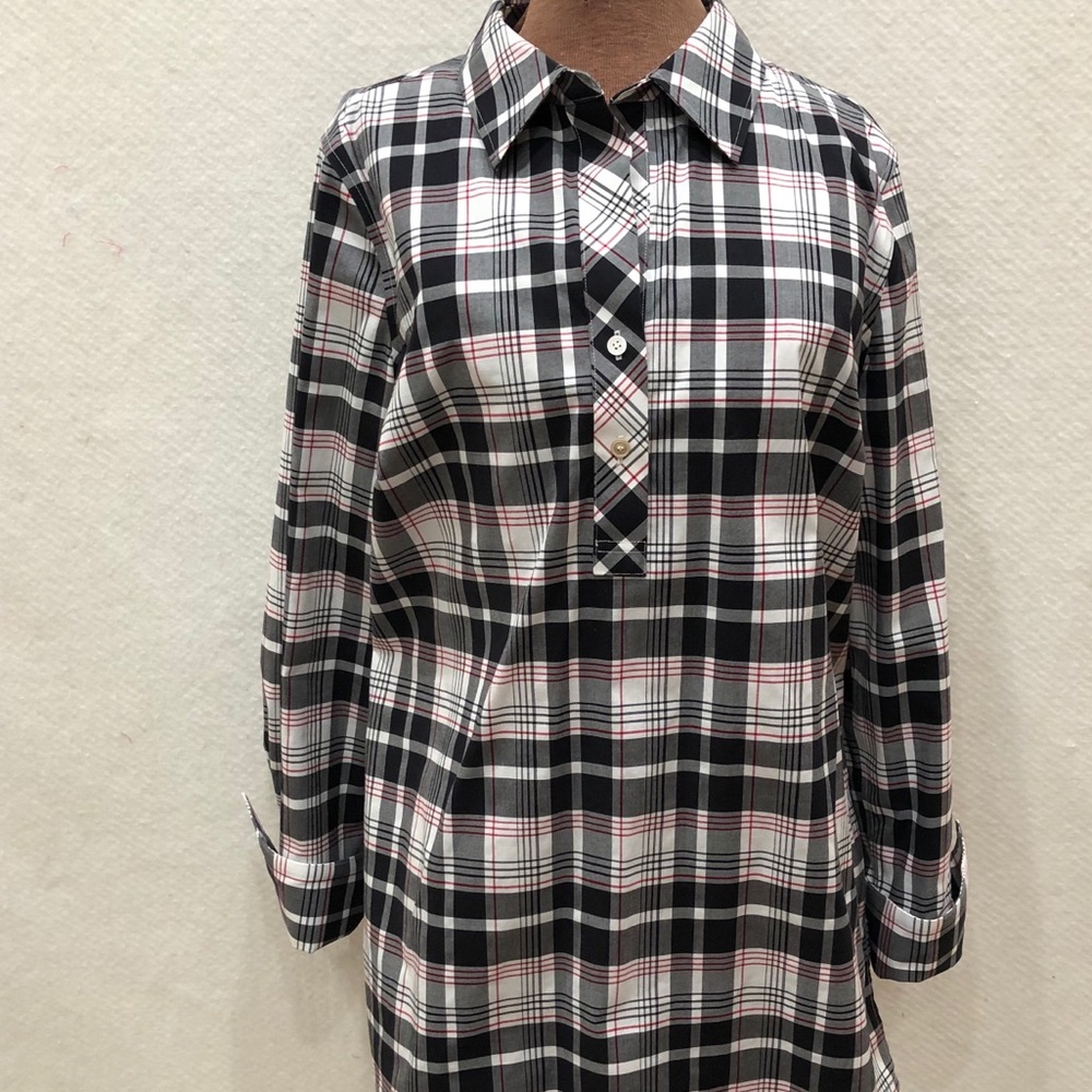 Talbots Black White and Red Plaid Popover Top.
